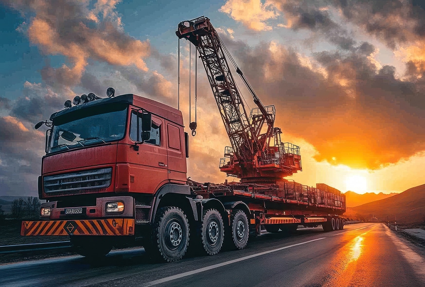 Camion rouge transportant une grue en convoi exceptionnel sur une route au coucher de soleil, ciel orangé reflétant sur la chaussée. Plaque G13 6301.