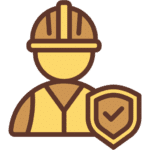 Icône d'un travailleur en casque et gilet de sécurité, accompagné d'un bouclier avec une coche. Représente la protection et la conformité au travail.