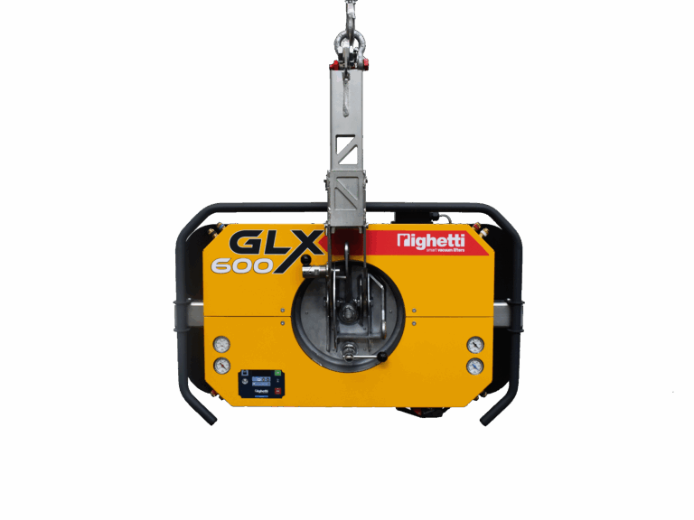 Élévateur à ventouses Mighetti GLX 600 jaune, appareil de levage smart vacuum lifter suspendu, avec cadre de protection et manomètres visibles.