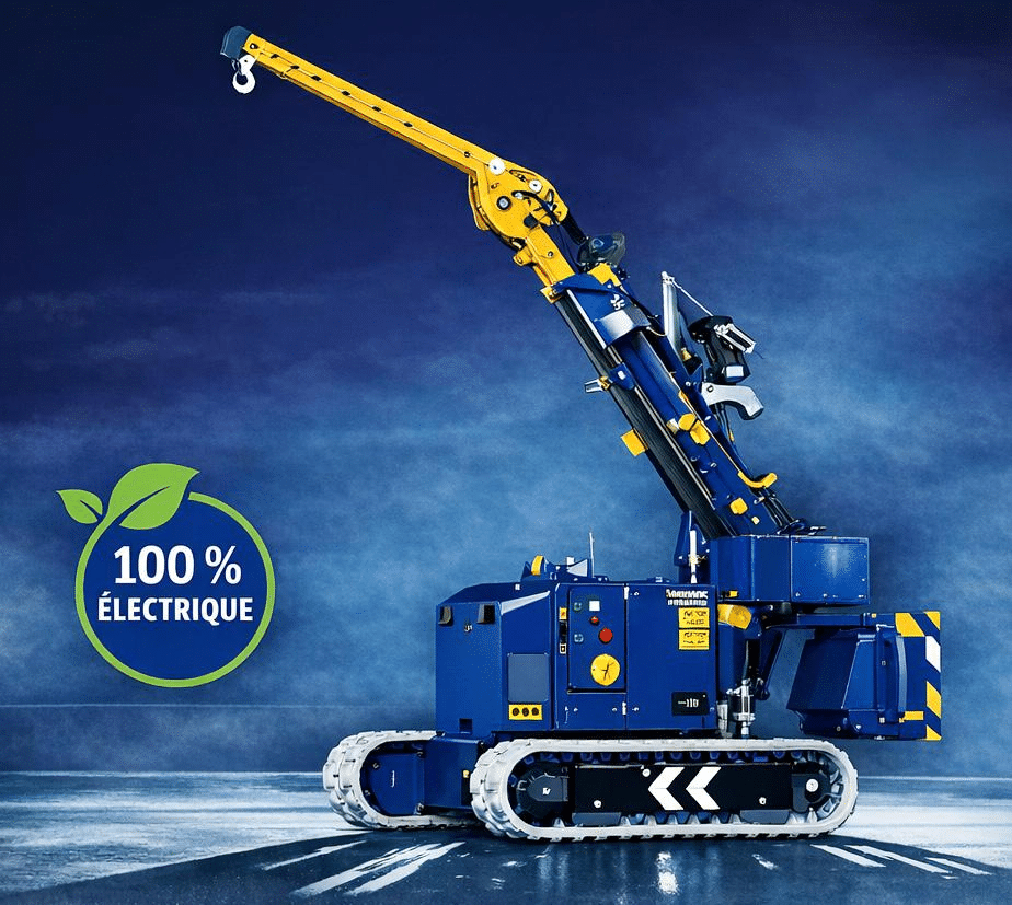 Mini-grue compacte sur chenilles (bleue et jaune) dans un environnement stylisé. Elle est labellisée « 100 % ÉLECTRIQUE ».