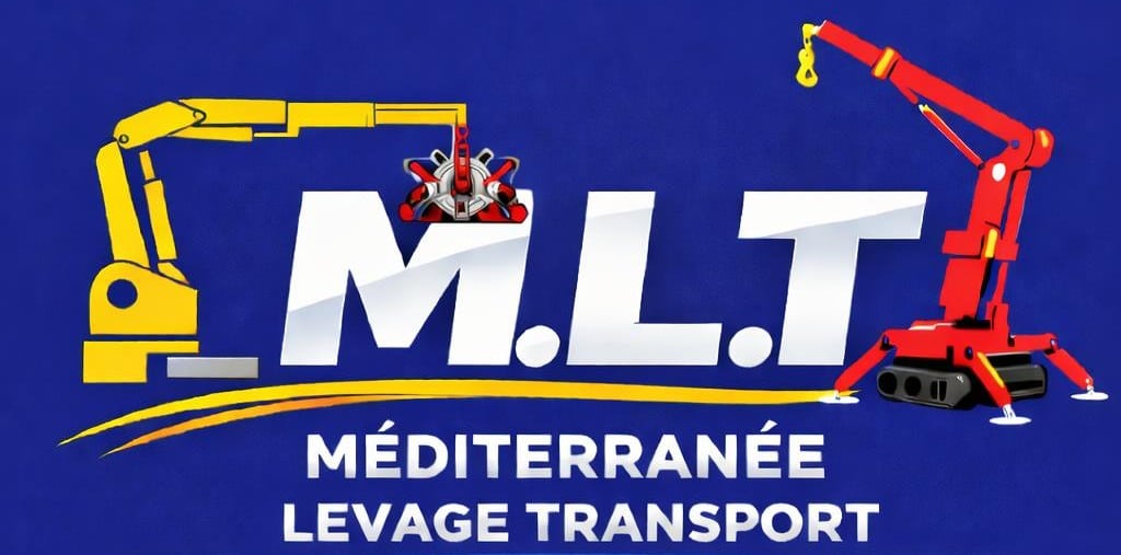 Logo M.L.T. Méditerranée Levage Transport. Mini-grues industrielles rouge et jaune illustrant le levage et le transport d'équipement sur fond bleu.