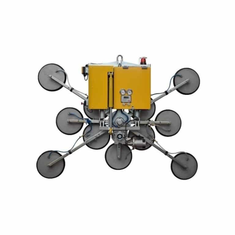 Palonnier de levage à ventouses motorisé, jaune et gris. Huit grandes ventouses radiales pour manipuler des panneaux de verre.